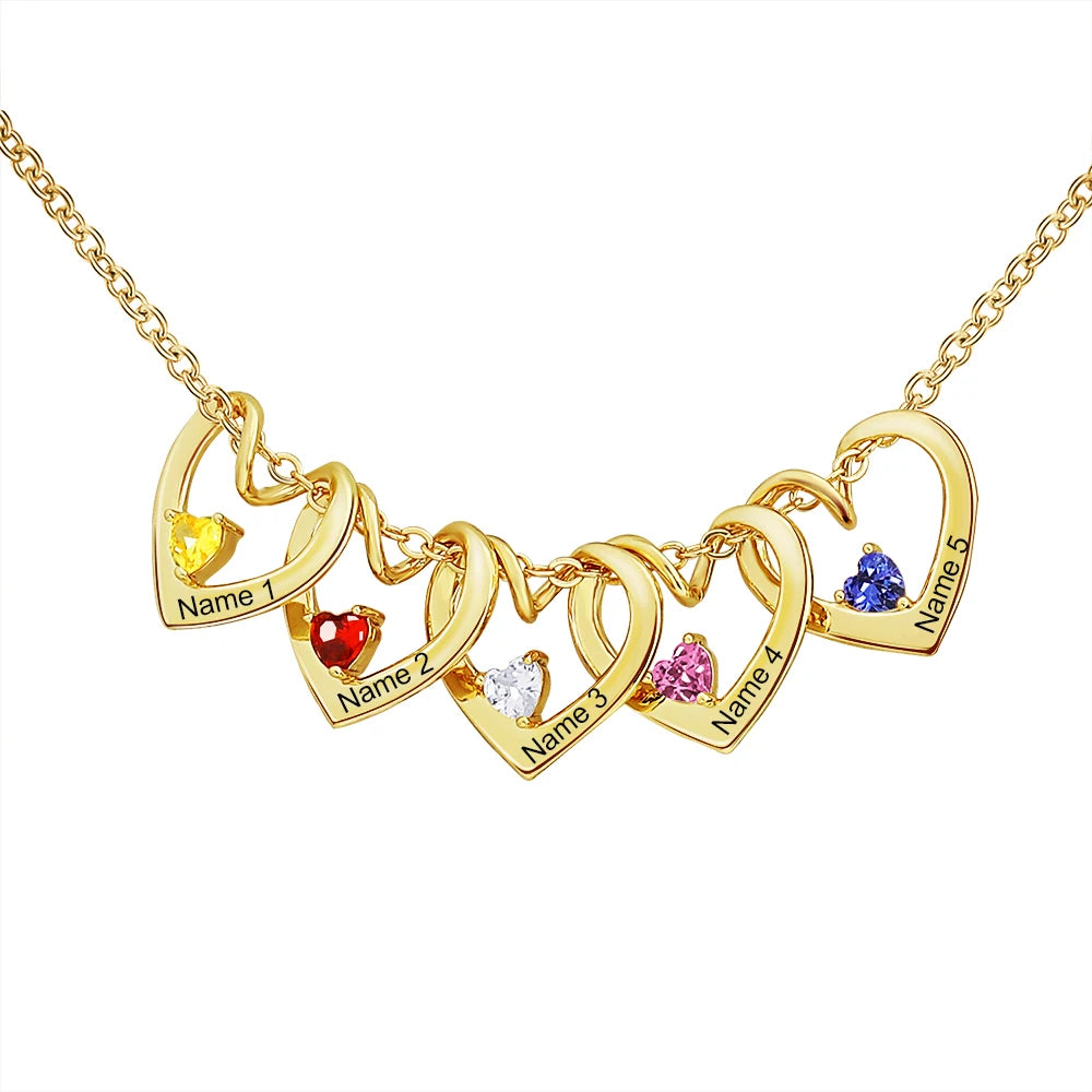 Family Heart Birthstone Necklace with Engraved Names – Handmade Mother & Grandmother Jewelry, Push Present, Anniversary or Birthday Gift