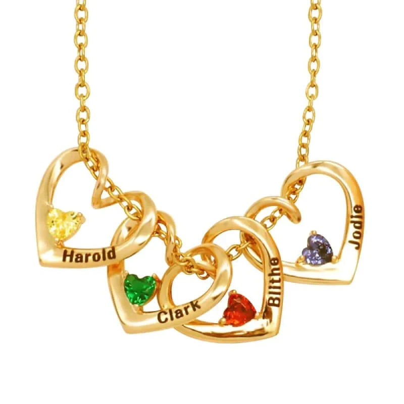 Family Heart Birthstone Necklace with Engraved Names – Handmade Mother & Grandmother Jewelry, Push Present, Anniversary or Birthday Gift