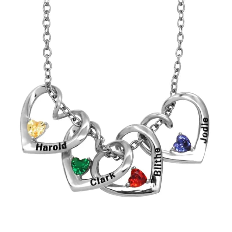 Family Heart Birthstone Necklace with Engraved Names – Handmade Mother & Grandmother Jewelry, Push Present, Anniversary or Birthday Gift